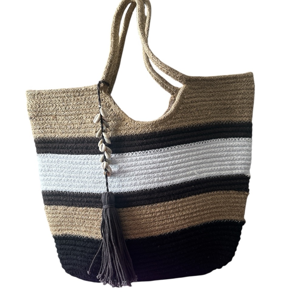 Striped Tan and Black Tote Bag